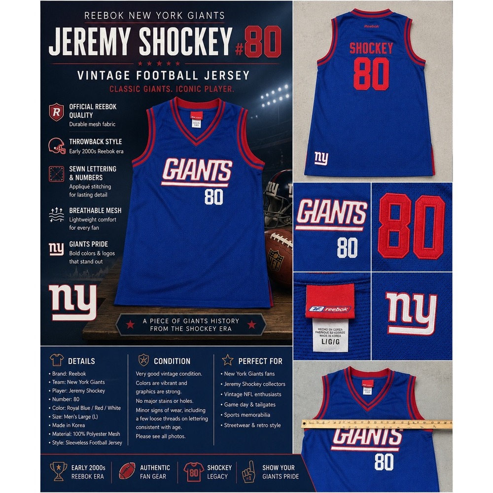 Reebok New York Giants Jeremy Shockey #80 Blue Mesh Football Jersey Men's Large